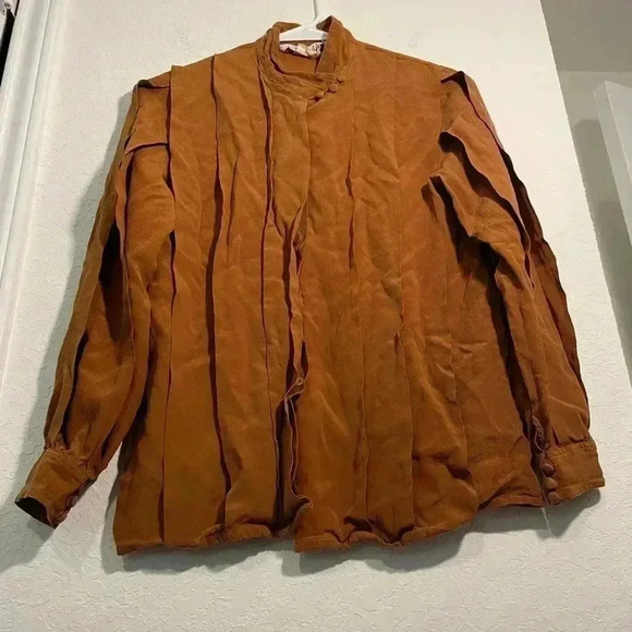 Madame de Saint Gil Vintage Caramel Brown Layered Silk Long Sleeve Blouse Sz 40 - Picture 2 of 8